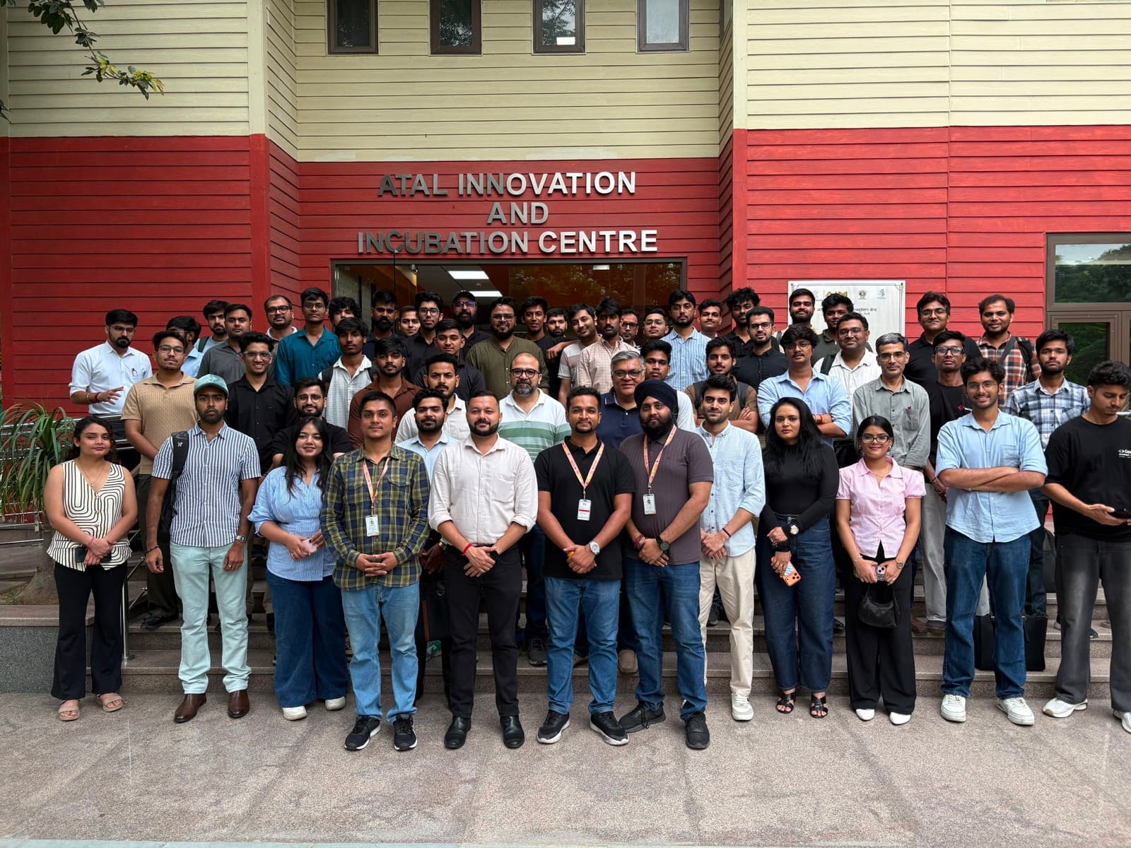 Around fifty founders gathered on the steps of the Atal Innovation and Incubation Centre after a Bizowl meetup.